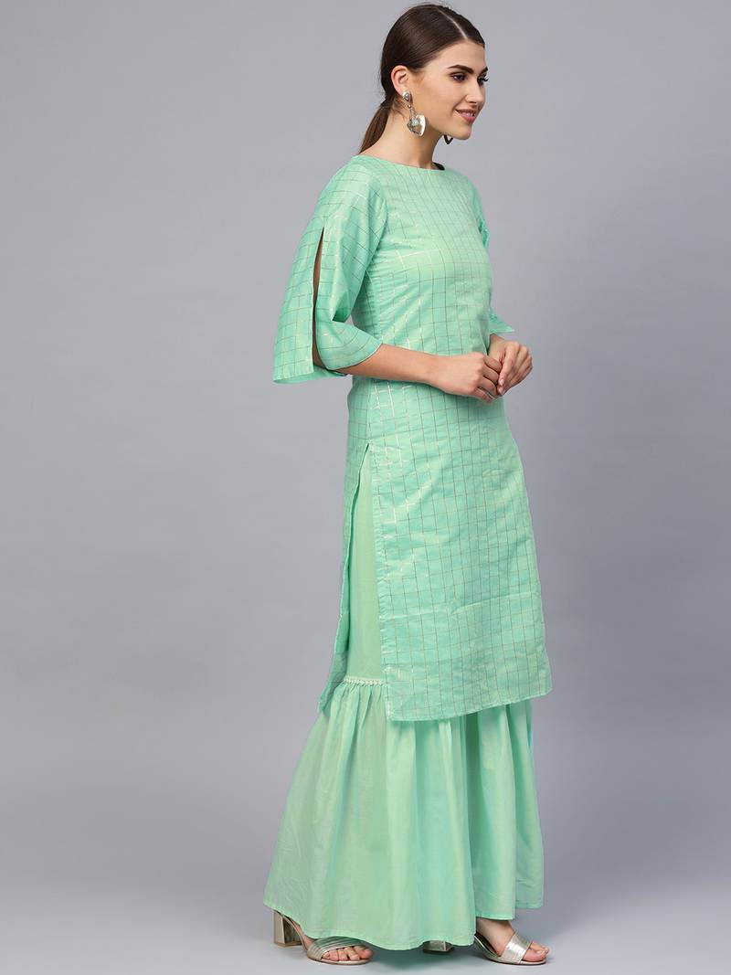Green Cotton Checks Unstitched Dress Material With Embroidered Dupatta