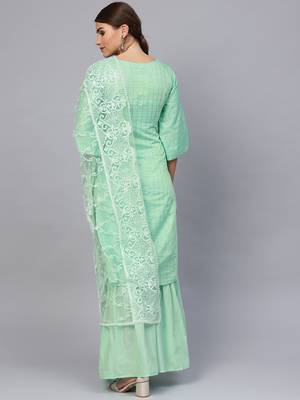 Green Cotton Checks Unstitched Dress Material With Embroidered Dupatta 3