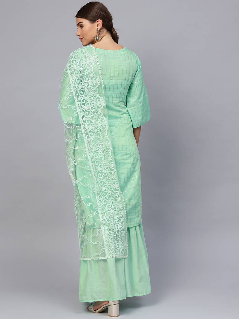 Green Cotton Checks Unstitched Dress Material With Embroidered Dupatta