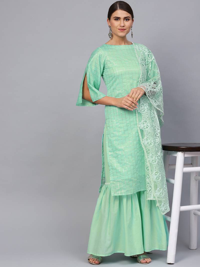 Green Cotton Checks Unstitched Dress Material With Embroidered Dupatta