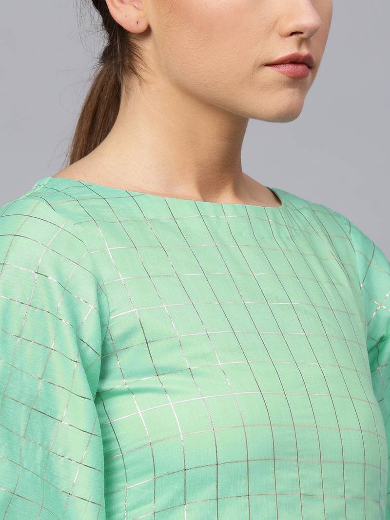 Green Cotton Checks Unstitched Dress Material With Embroidered Dupatta