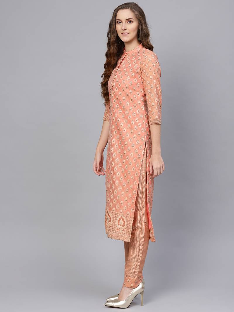 Peach Banarasi Cotton Woven Unstitched Dress Material