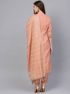 Peach Banarasi Cotton Woven Unstitched Dress Material 3