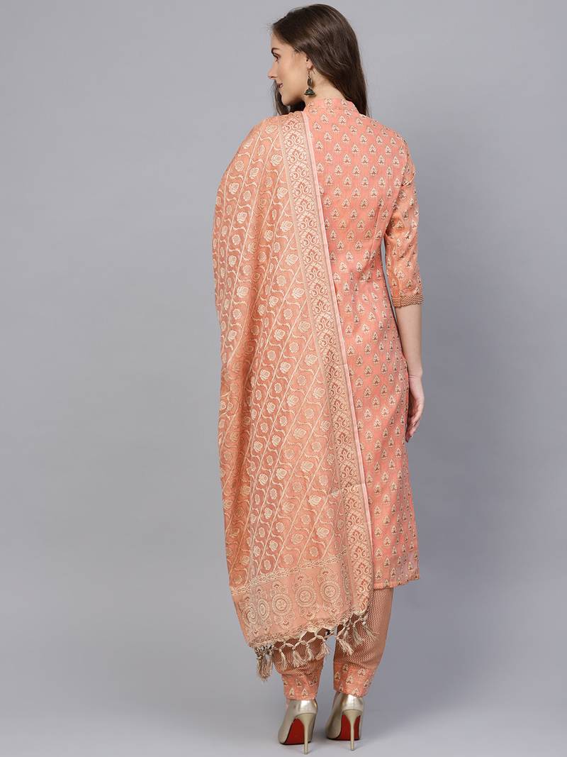 Peach Banarasi Cotton Woven Unstitched Dress Material