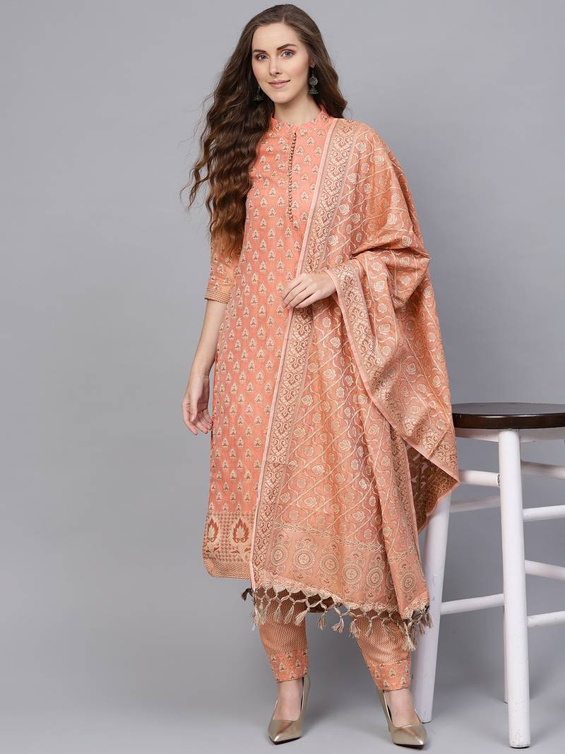 Peach Banarasi Cotton Woven Unstitched Dress Material