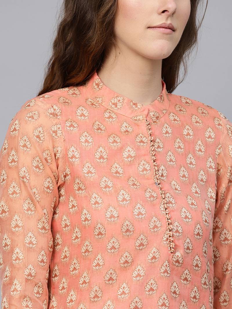 Peach Banarasi Cotton Woven Unstitched Dress Material
