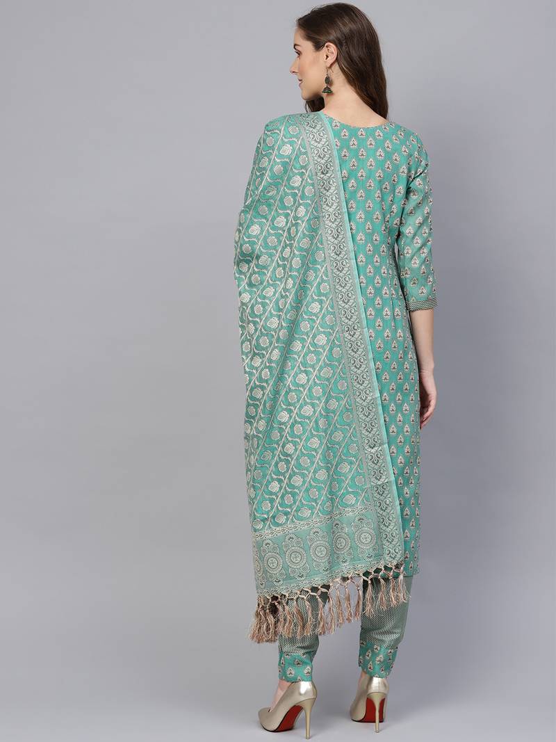 Green Banarasi Cotton Woven Unstiched Dress Material