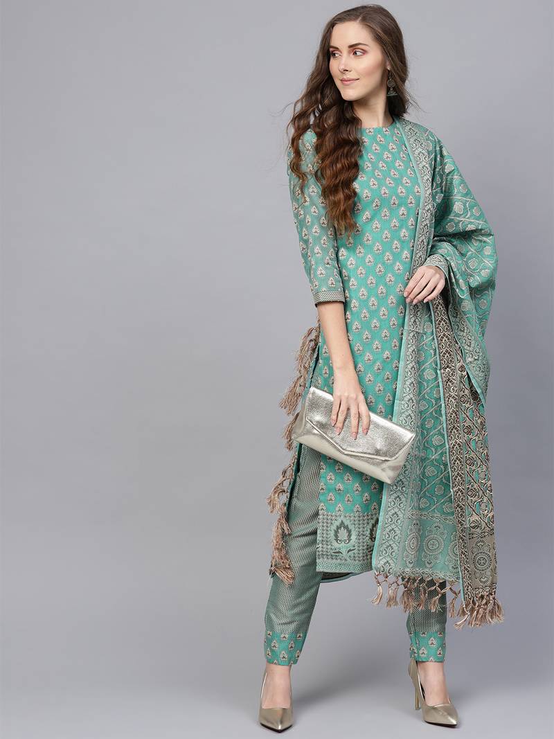 Green Banarasi Cotton Woven Unstiched Dress Material