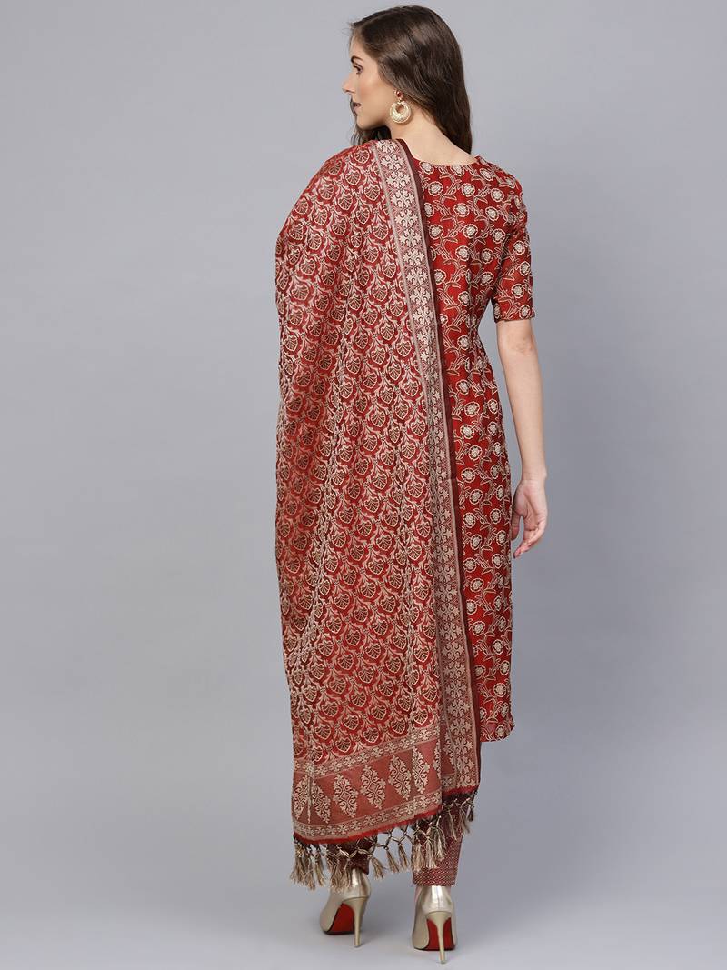 Maroon Banarasi Cotton Woven Design Unstitched Dress Material
