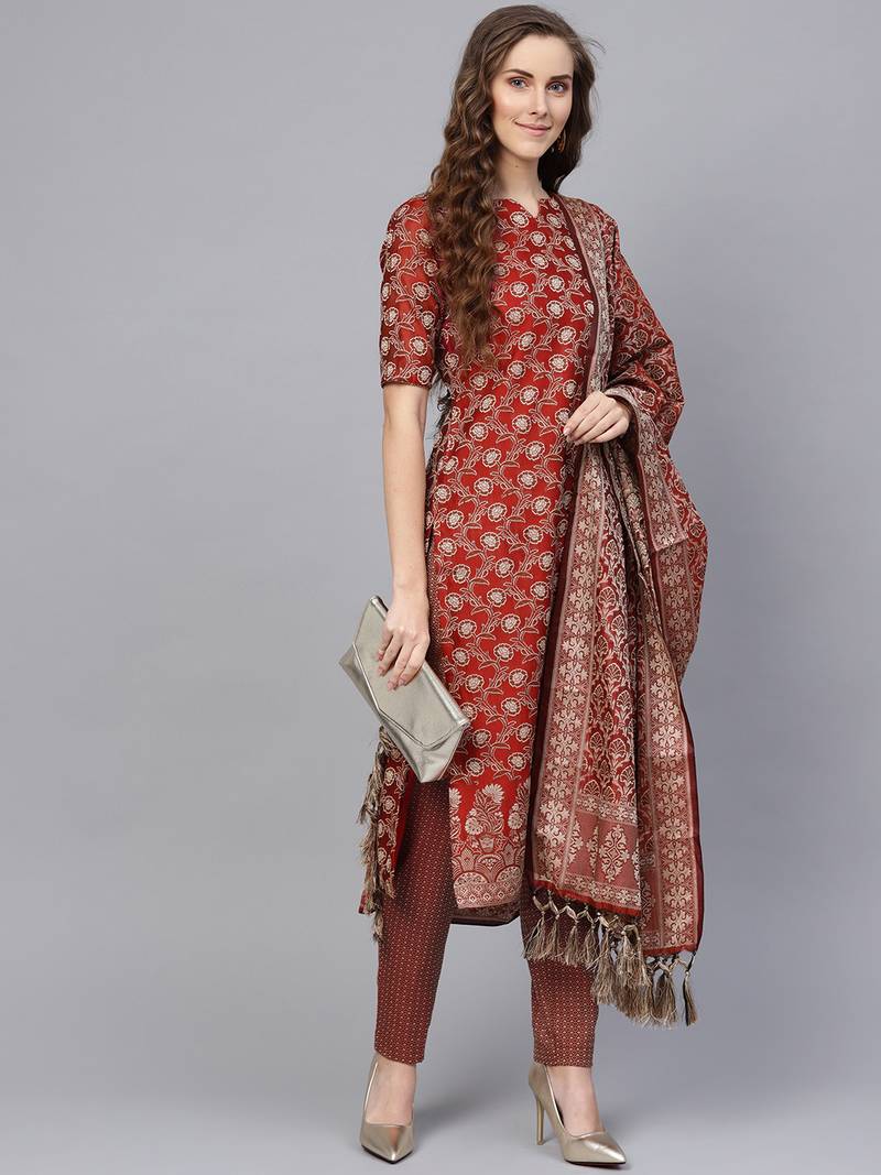 Maroon Banarasi Cotton Woven Design Unstitched Dress Material