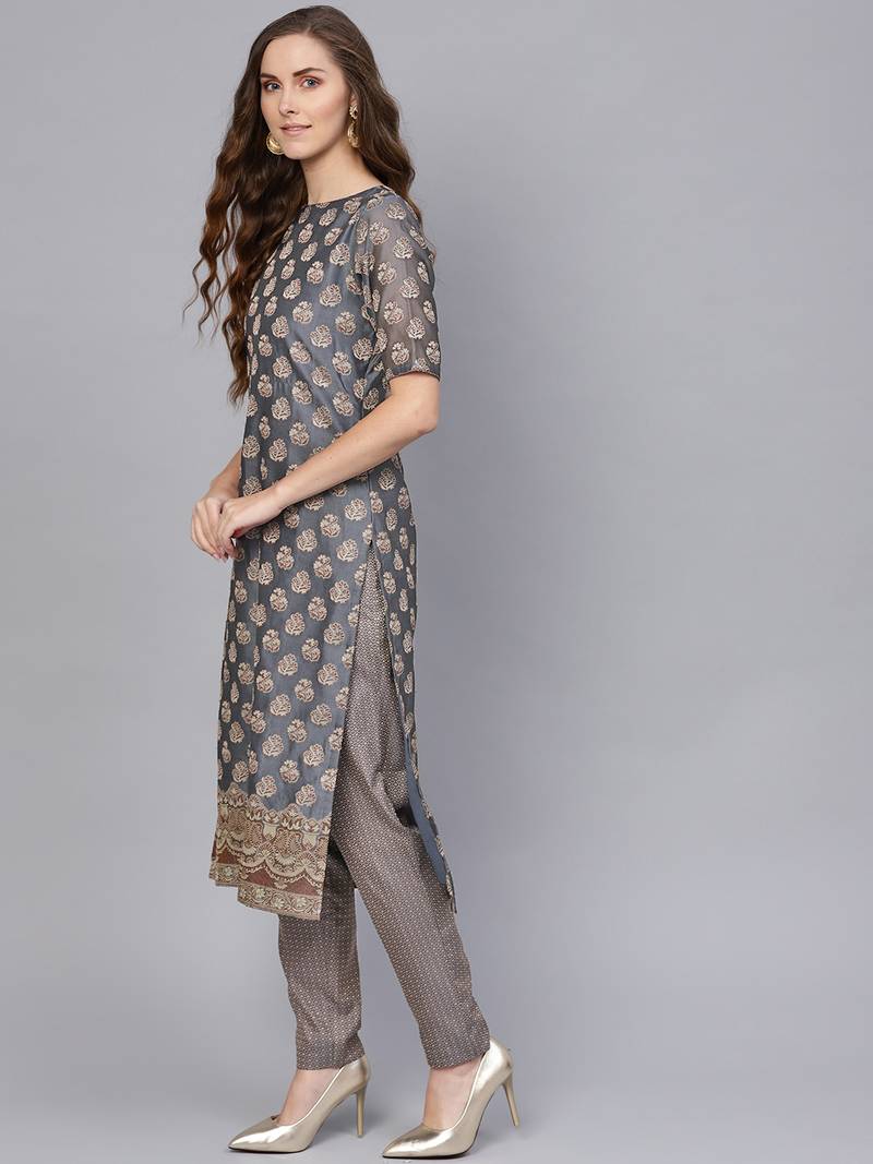 Grey Banarasi Cotton Woven Design Unstitched Dress Material