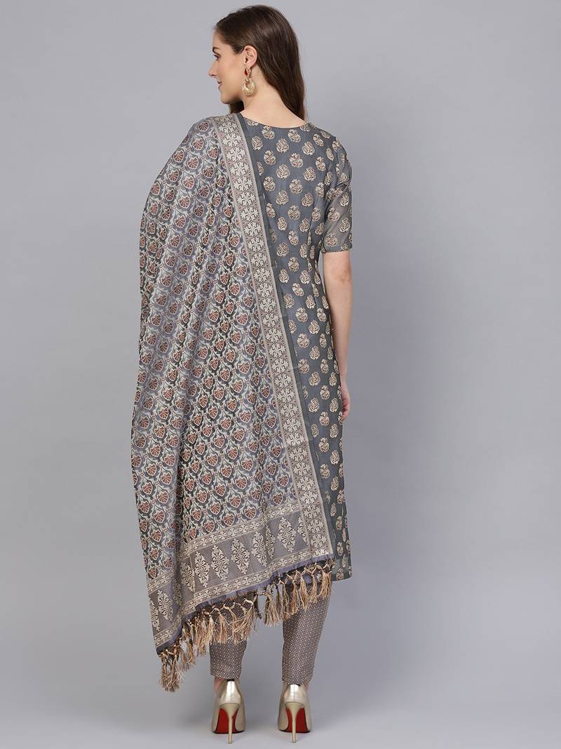 Grey Banarasi Cotton Woven Design Unstitched Dress Material