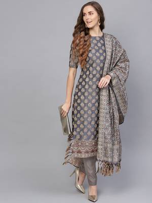 Grey Banarasi Cotton Woven Design Unstitched Dress Material 4