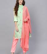 Green Embroidered Chanderi Cotton Unstitched Dress Material