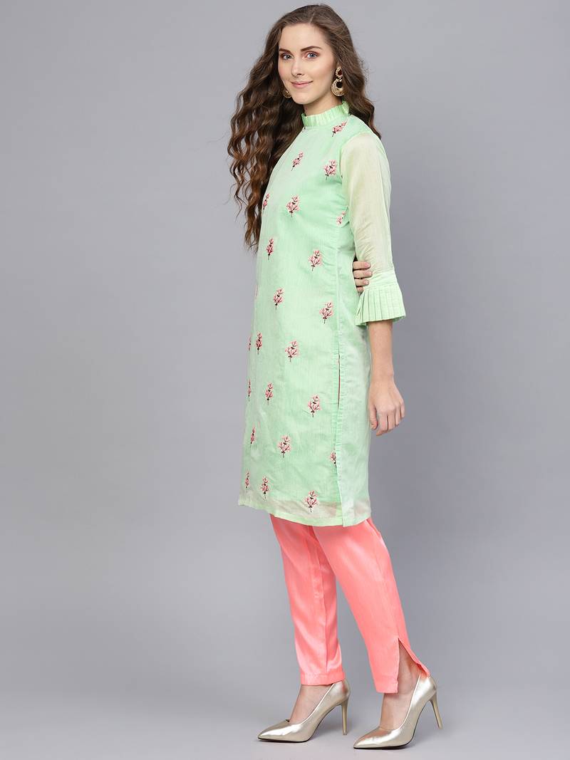 Green Embroidered Chanderi Cotton Unstitched Dress Material