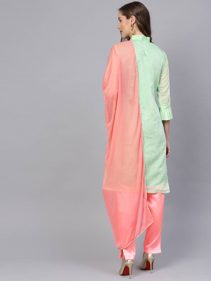 Green Embroidered Chanderi Cotton Unstitched Dress Material