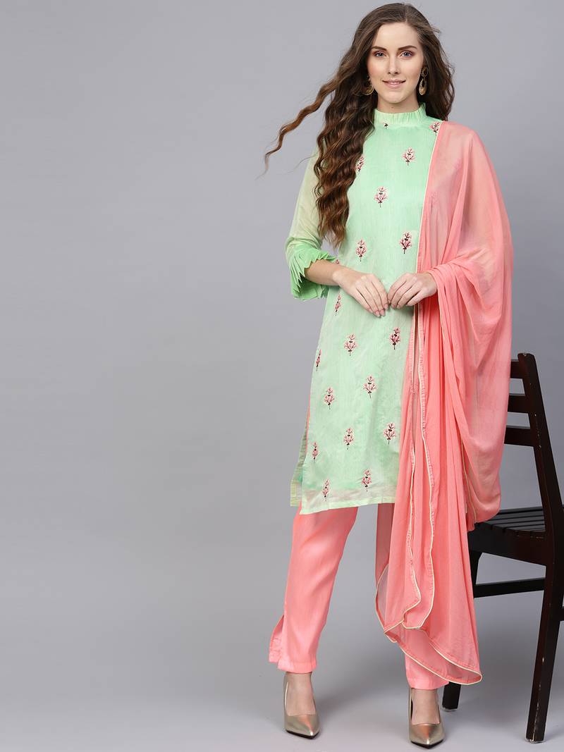 Green Embroidered Chanderi Cotton Unstitched Dress Material