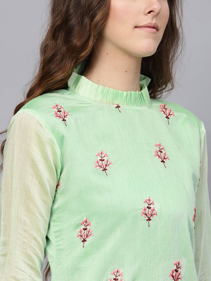 Green Embroidered Chanderi Cotton Unstitched Dress Material