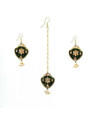 Gold Plated Kundan Maang Tikka With Earrings For Women & Girls 1