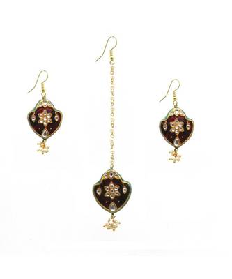 Gold Plated Kundan Maang Tikka With Earrings For Women & Girls 1