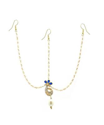 Blue Brass Plain Design Yellow Gold Plated Maang Tikka with Earrings Chain 1