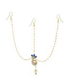 Blue Brass Plain Design Yellow Gold Plated Maang Tikka with Earrings Chain