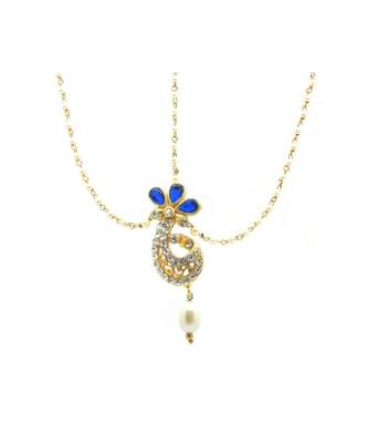 Blue Brass Plain Design Yellow Gold Plated Maang Tikka with Earrings Chain 2