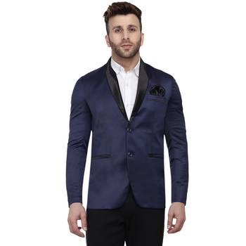 Blue Plain Satin Blazer For Men 1