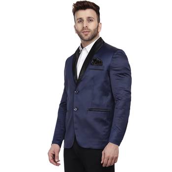 Blue Plain Satin Blazer For Men 2