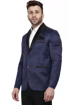 Blue Plain Satin Blazer For Men