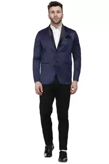 Blue Plain Satin Blazer For Men
