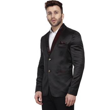 Black Plain Satin Blazer For Men 2