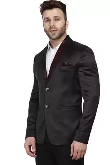 Black Plain Satin Blazer For Men