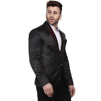 Black Plain Satin Blazer For Men 3
