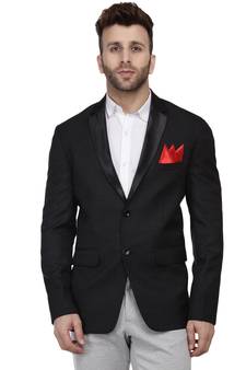 Black Plain Cotton Poly Blazer For Men