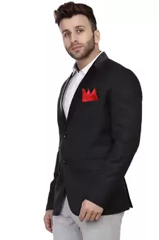 Black Plain Cotton Poly Blazer For Men