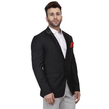 Black Plain Cotton Poly Blazer For Men 4