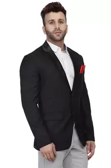 Black Plain Cotton Poly Blazer For Men