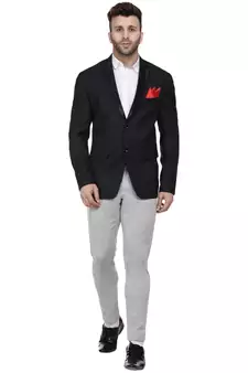 Black Plain Cotton Poly Blazer For Men
