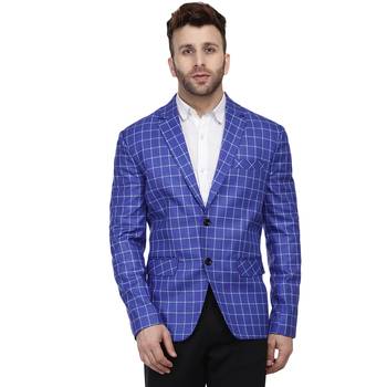 Blue Printed Cotton Checkered Blazer For Men 1
