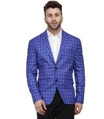 Blue Printed Cotton Checkered Blazer For Men