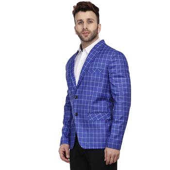 Blue Printed Cotton Checkered Blazer For Men 2
