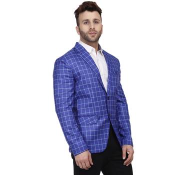 Blue Printed Cotton Checkered Blazer For Men 3