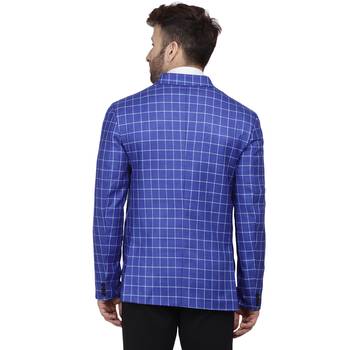 Blue Printed Cotton Checkered Blazer For Men 4