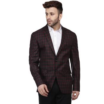 Black Printed Cotton Poly Checkered Blazer For Men 2