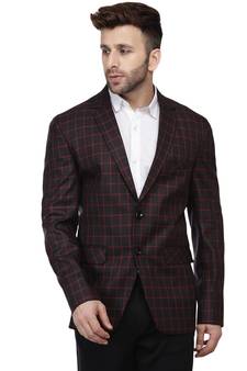 Black Printed Cotton Poly Checkered Blazer For Men