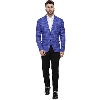 Blue Printed Cotton Checkered Blazer For Men 5