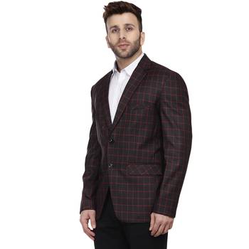 Black Printed Cotton Poly Checkered Blazer For Men 3