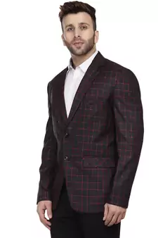 Black Printed Cotton Poly Checkered Blazer For Men
