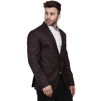 Black Printed Cotton Poly Checkered Blazer For Men 4